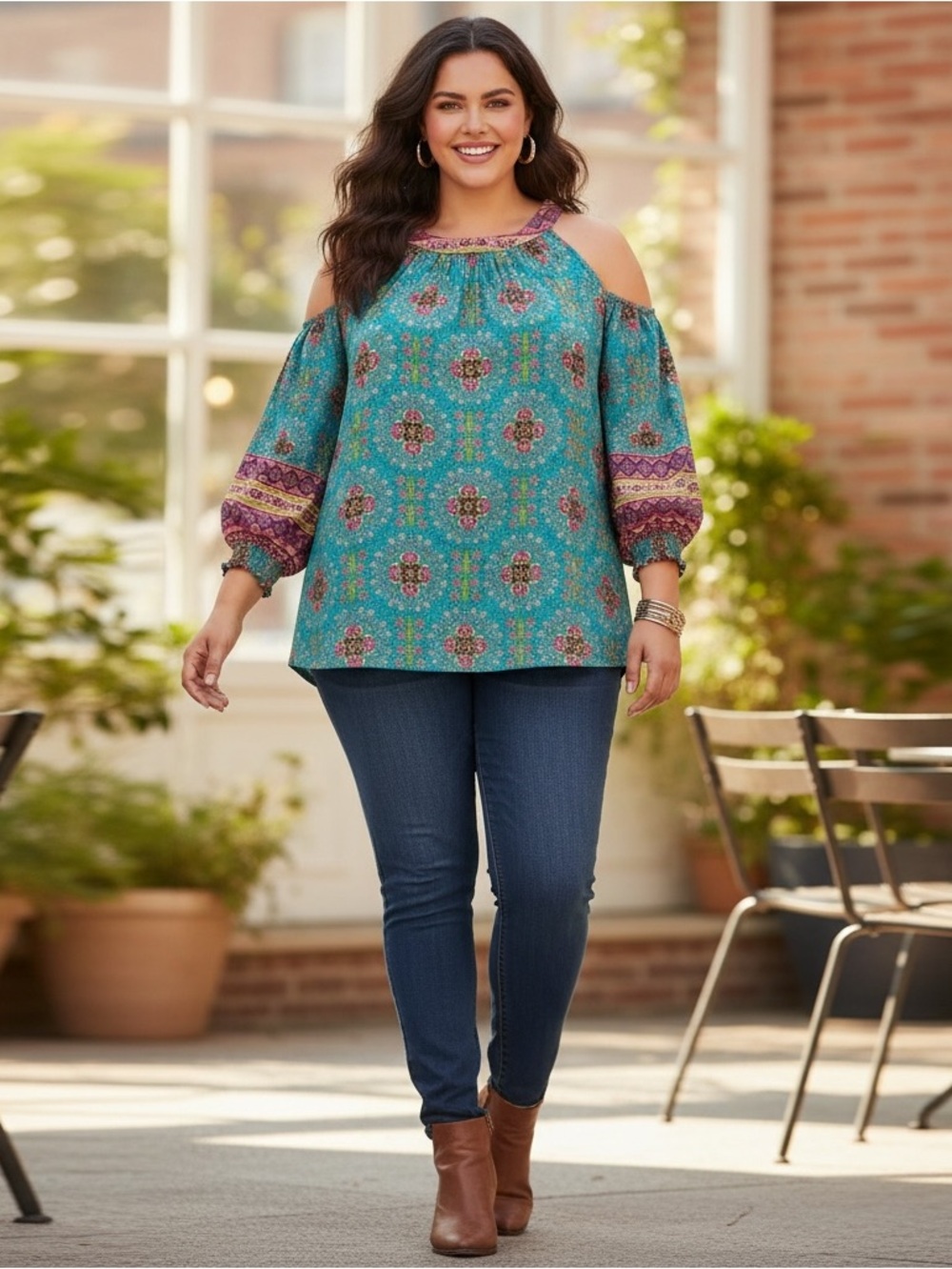 Cato Floral Print Blouse in Teal - Off Shoulder - Cold Shoulder